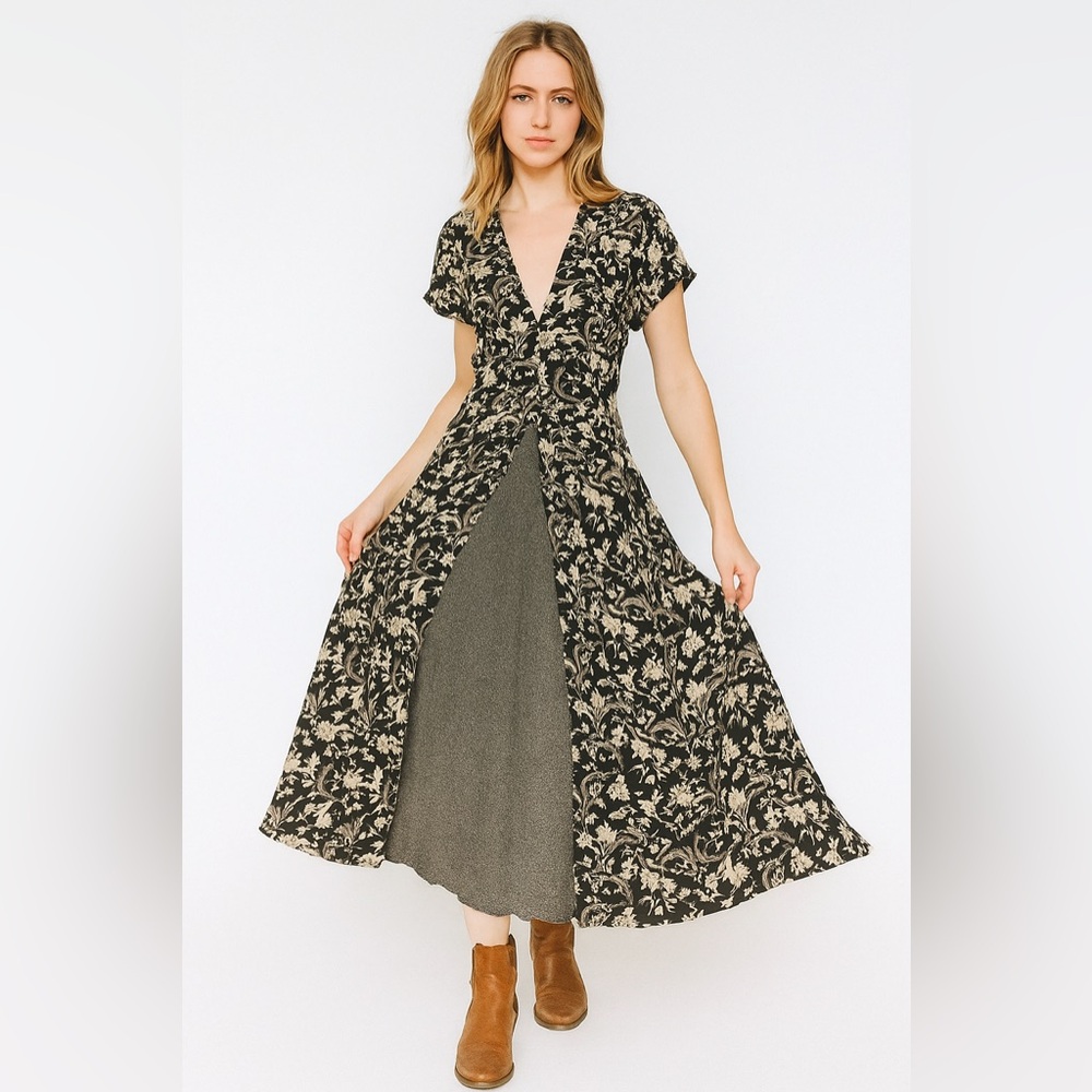 Vintage S. Roberts  Black and Cream Floral Maxi Dress